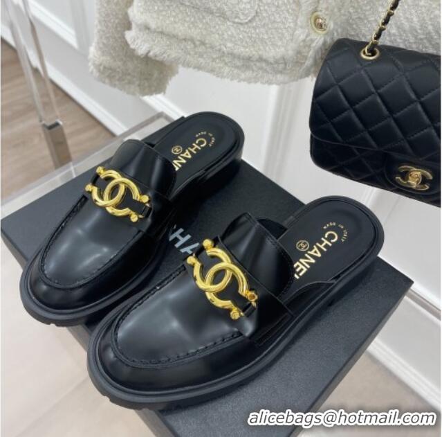 Purchase Chanel Shiny Calfskin Flat Mules with Metal CC Black 112838