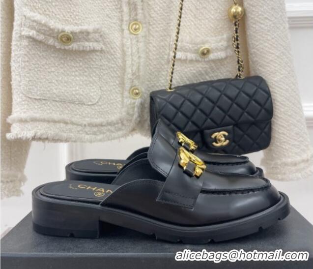 Purchase Chanel Shiny Calfskin Flat Mules with Metal CC Black 112838