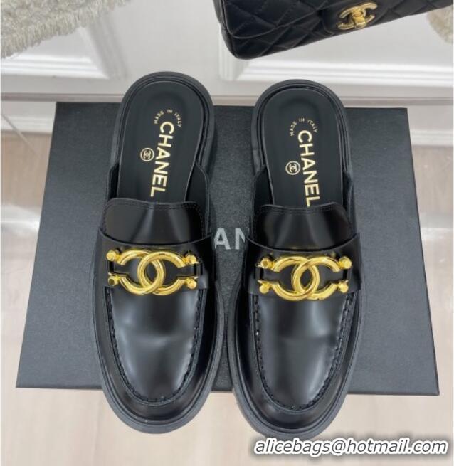 Purchase Chanel Shiny Calfskin Flat Mules with Metal CC Black 112838