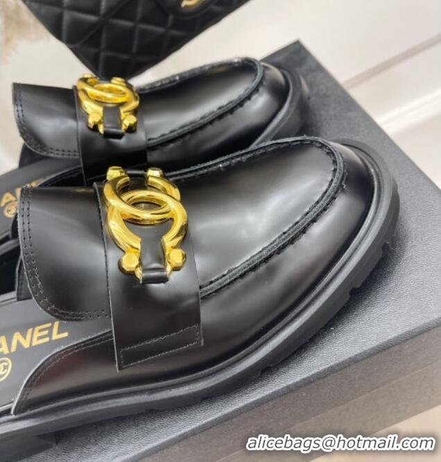 Purchase Chanel Shiny Calfskin Flat Mules with Metal CC Black 112838