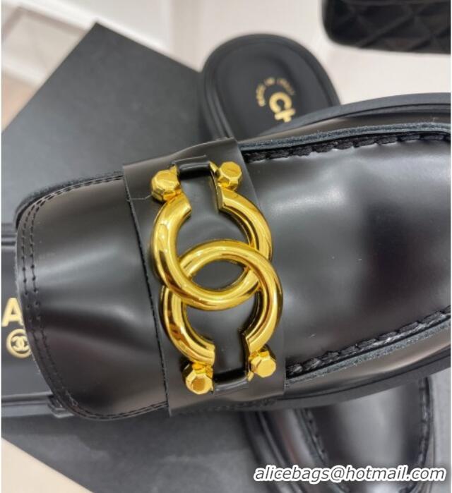 Purchase Chanel Shiny Calfskin Flat Mules with Metal CC Black 112838