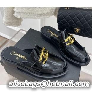 Good Quality Chanel Patent Calfskin Flat Mules with Metal CC Black 112839