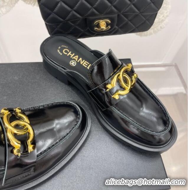 Good Quality Chanel Patent Calfskin Flat Mules with Metal CC Black 112839