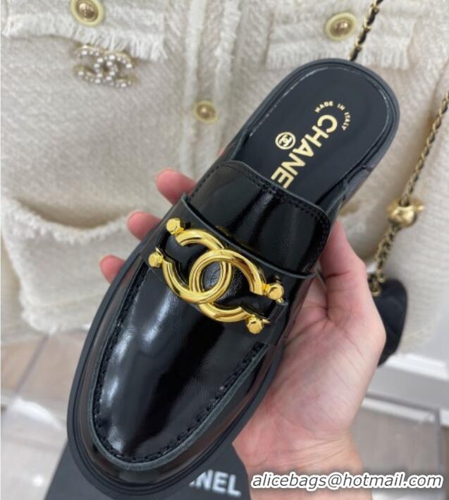 Good Quality Chanel Patent Calfskin Flat Mules with Metal CC Black 112839