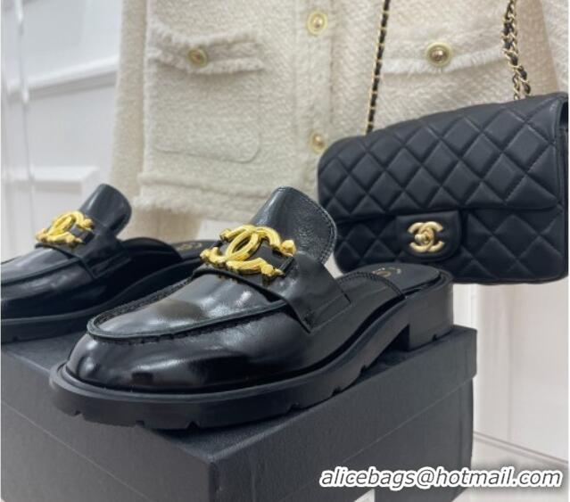 Good Quality Chanel Patent Calfskin Flat Mules with Metal CC Black 112839