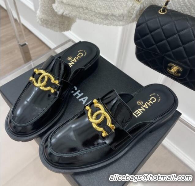 Good Quality Chanel Patent Calfskin Flat Mules with Metal CC Black 112839