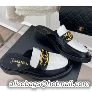 Grade Quality Chanel Shiny Calfskin Flat Mules with Metal CC Black/White 112840