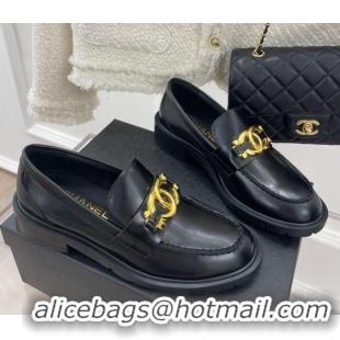 Best Grade Chanel Shiny Calfskin Loafers with Metal CC Black 112841