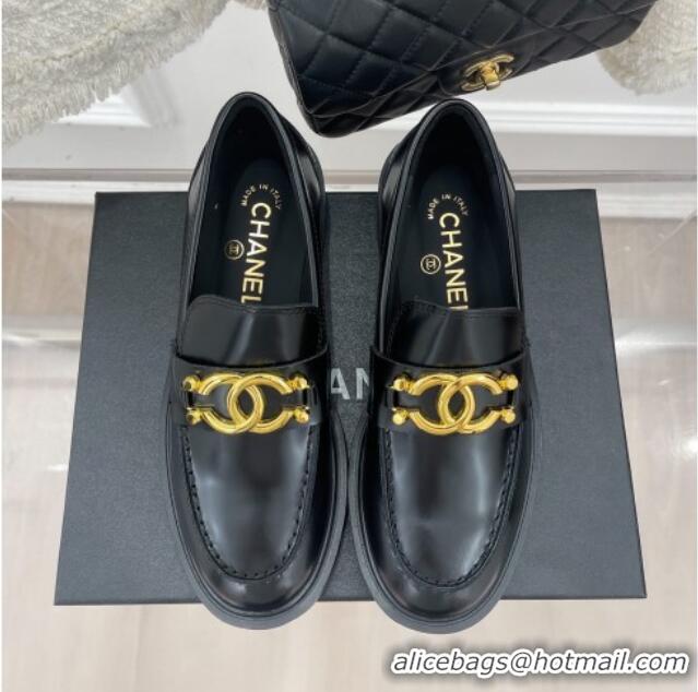 Best Grade Chanel Shiny Calfskin Loafers with Metal CC Black 112841