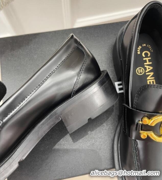 Best Grade Chanel Shiny Calfskin Loafers with Metal CC Black 112841