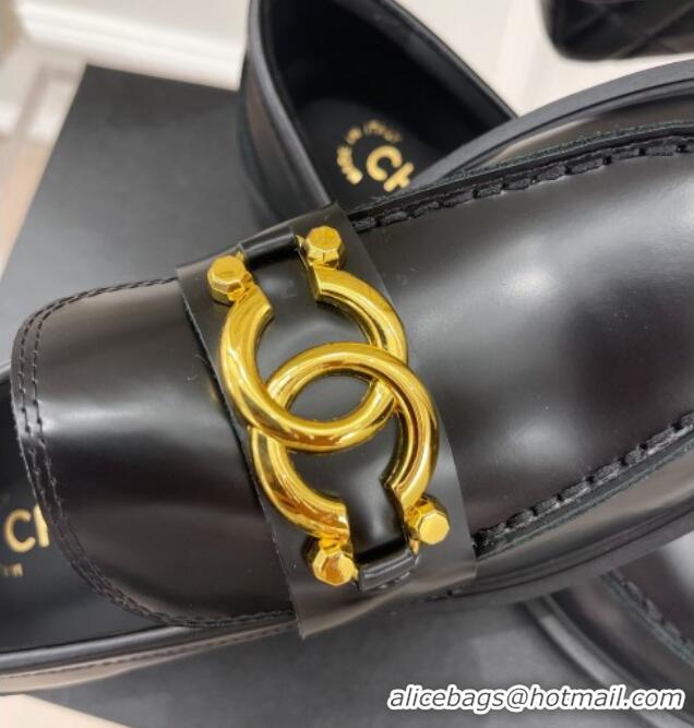 Best Grade Chanel Shiny Calfskin Loafers with Metal CC Black 112841