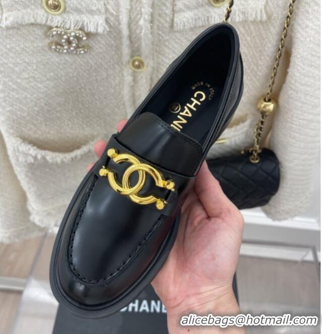 Best Grade Chanel Shiny Calfskin Loafers with Metal CC Black 112841