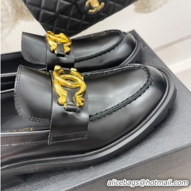 Best Grade Chanel Shiny Calfskin Loafers with Metal CC Black 112841