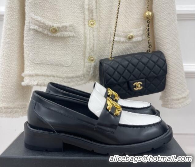 Low Price Chanel Shiny Calfskin Loafers with Metal CC White/Black 112842