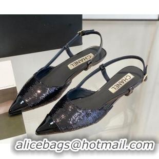 Top Grade Chanel Sequins Slingbacks 2.5cm with Thin Heel G39537 Black