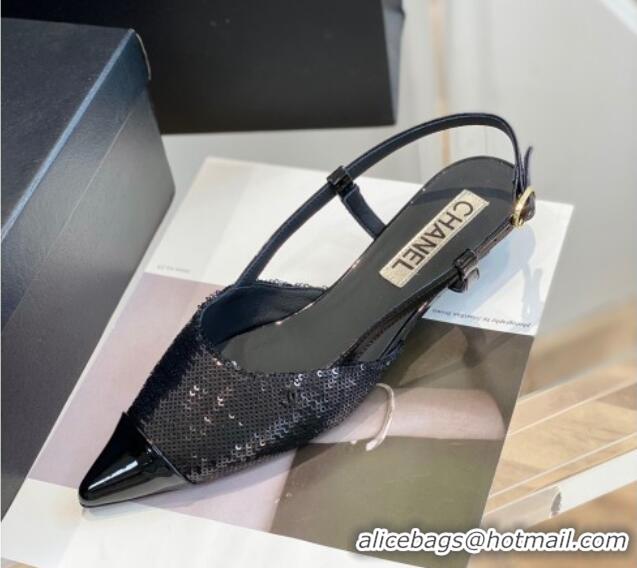 Top Grade Chanel Sequins Slingbacks 2.5cm with Thin Heel G39537 Black