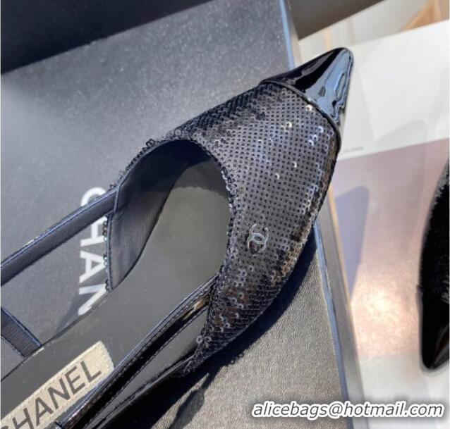 Top Grade Chanel Sequins Slingbacks 2.5cm with Thin Heel G39537 Black