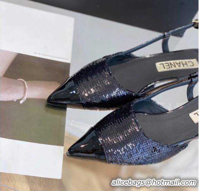 Top Grade Chanel Sequins Slingbacks 2.5cm with Thin Heel G39537 Black