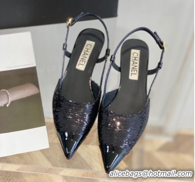 Top Grade Chanel Sequins Slingbacks 2.5cm with Thin Heel G39537 Black