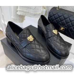 Shop Duplicate Chanel Quilted Lambskin Loafers with Love Charm G39697 Black