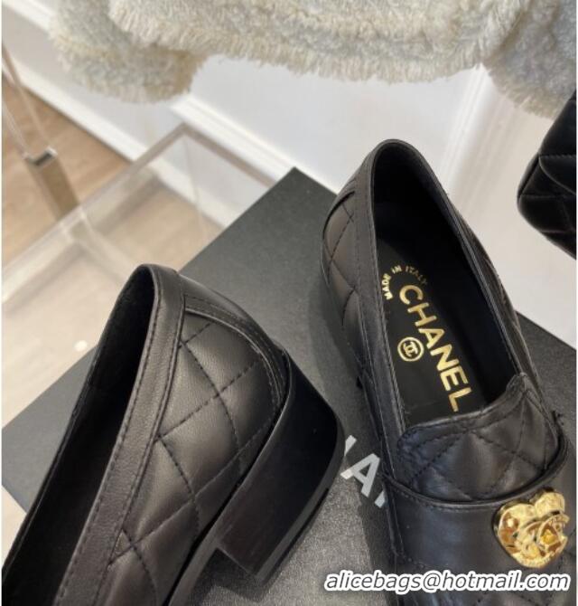 Shop Duplicate Chanel Quilted Lambskin Loafers with Love Charm G39697 Black