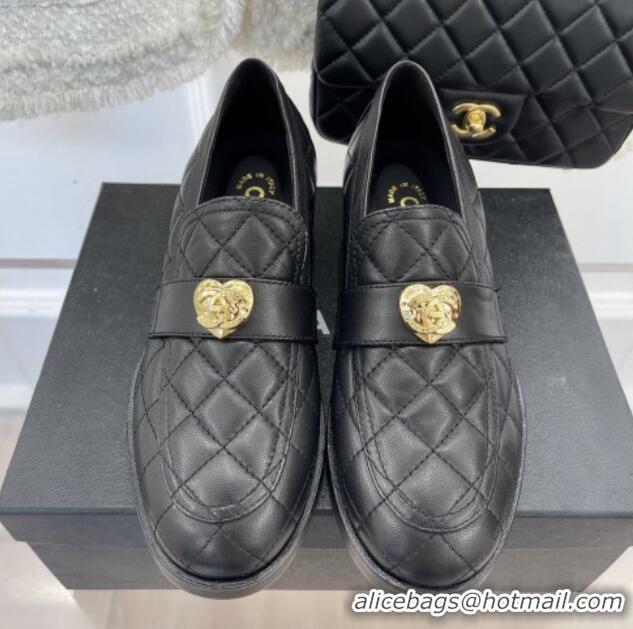 Shop Duplicate Chanel Quilted Lambskin Loafers with Love Charm G39697 Black