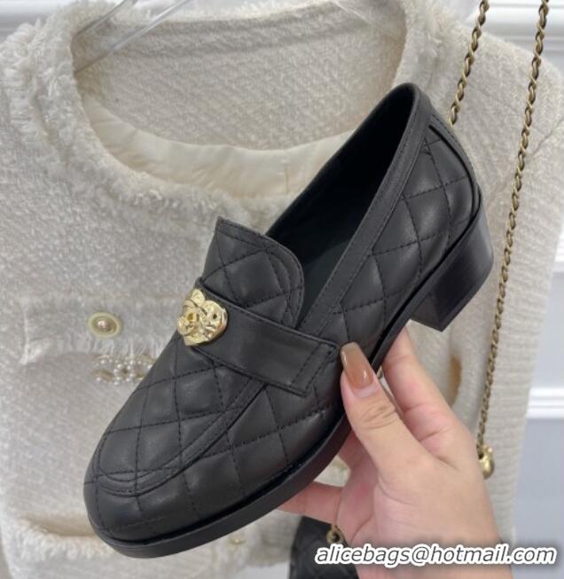 Shop Duplicate Chanel Quilted Lambskin Loafers with Love Charm G39697 Black