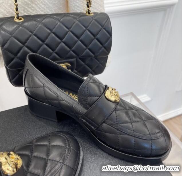 Shop Duplicate Chanel Quilted Lambskin Loafers with Love Charm G39697 Black