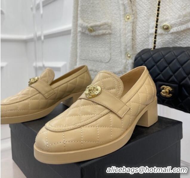 Fashion Chanel Quilted Lambskin Loafers with Love Charm G39697 Beige