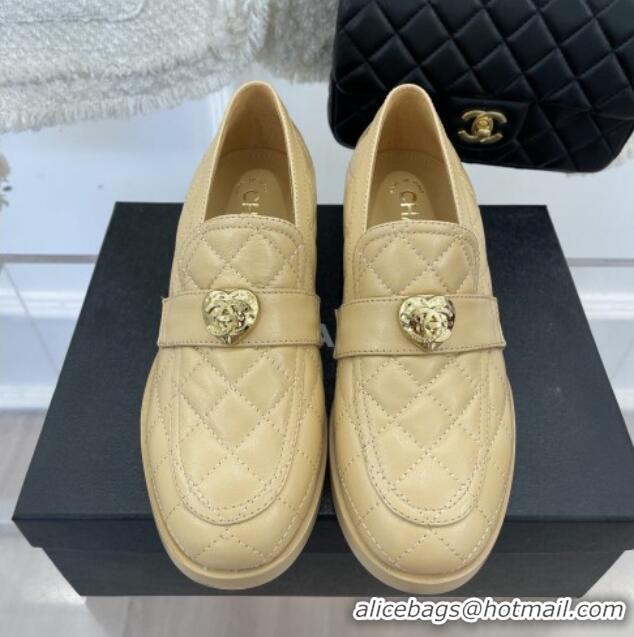 Fashion Chanel Quilted Lambskin Loafers with Love Charm G39697 Beige