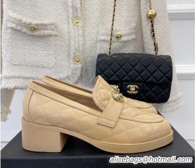 Fashion Chanel Quilted Lambskin Loafers with Love Charm G39697 Beige