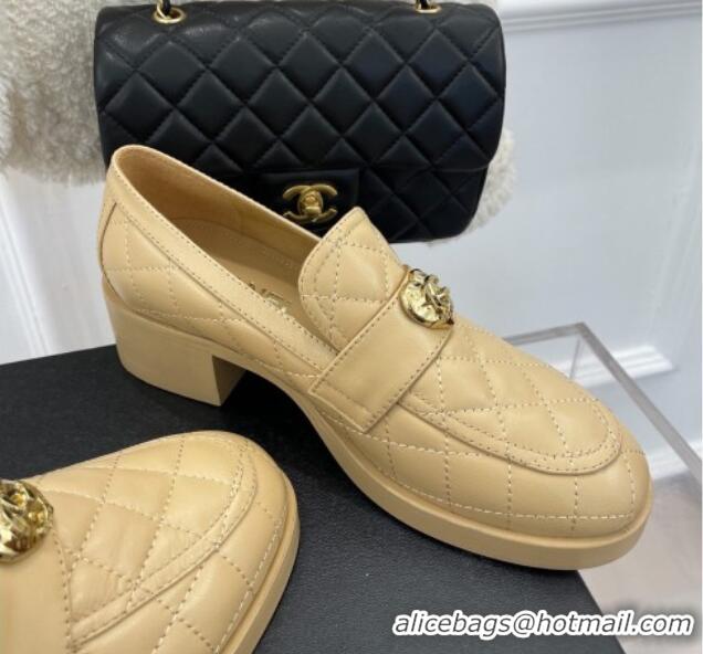 Fashion Chanel Quilted Lambskin Loafers with Love Charm G39697 Beige