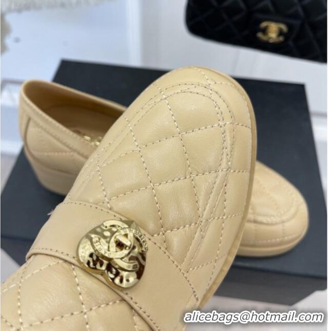 Fashion Chanel Quilted Lambskin Loafers with Love Charm G39697 Beige