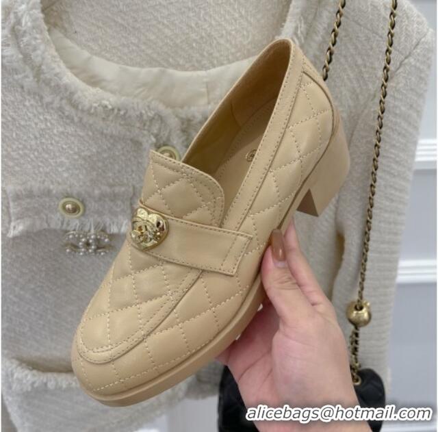 Fashion Chanel Quilted Lambskin Loafers with Love Charm G39697 Beige