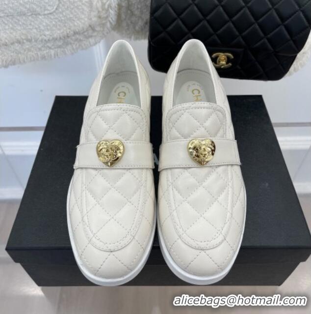 Low Cost Chanel Quilted Lambskin Loafers with Love Charm G39697 White