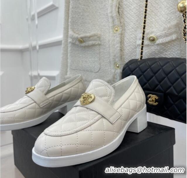 Low Cost Chanel Quilted Lambskin Loafers with Love Charm G39697 White