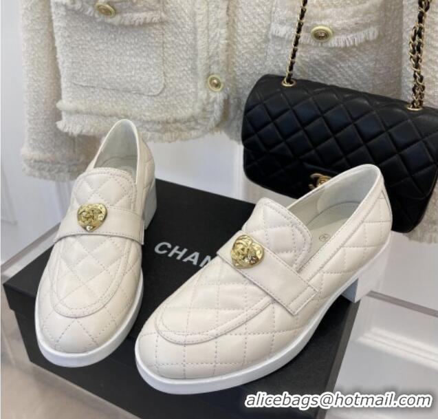 Low Cost Chanel Quilted Lambskin Loafers with Love Charm G39697 White