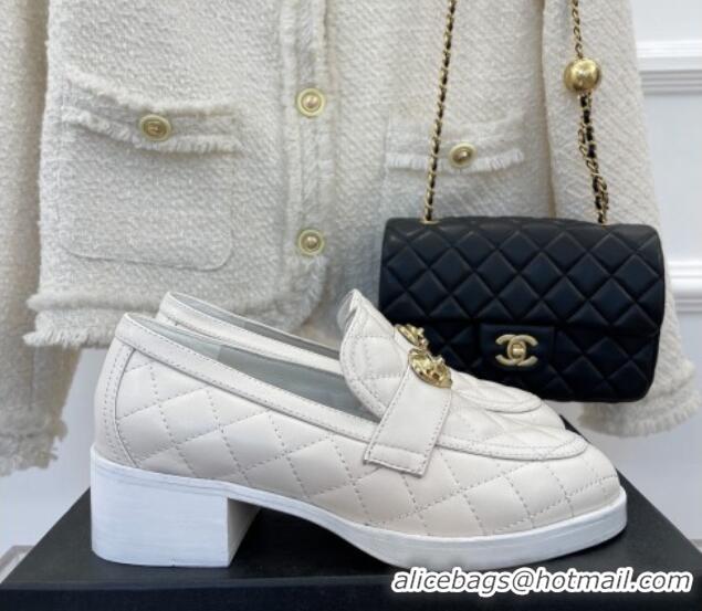 Low Cost Chanel Quilted Lambskin Loafers with Love Charm G39697 White