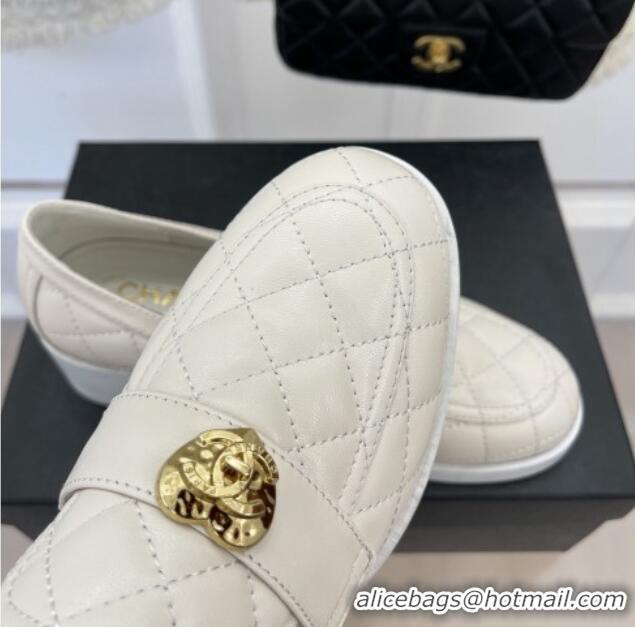 Low Cost Chanel Quilted Lambskin Loafers with Love Charm G39697 White