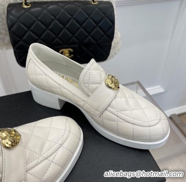 Low Cost Chanel Quilted Lambskin Loafers with Love Charm G39697 White