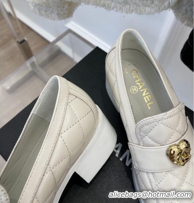 Low Cost Chanel Quilted Lambskin Loafers with Love Charm G39697 White