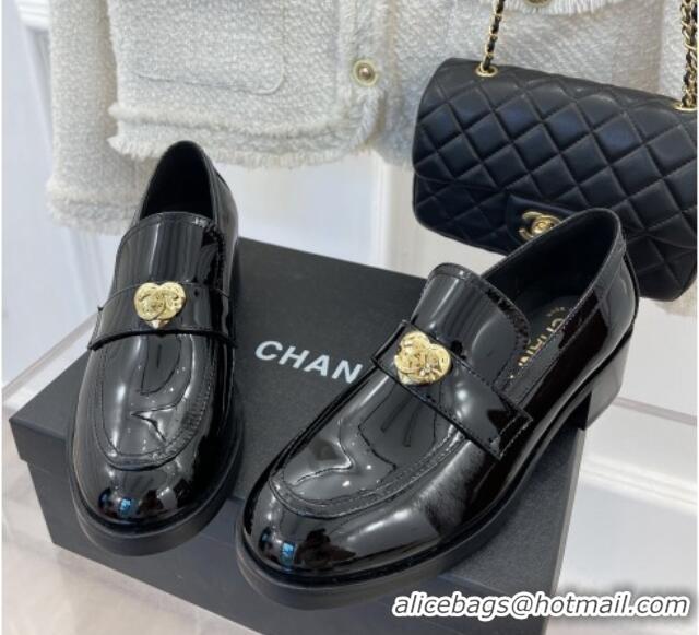 Popular Style Chanel Patent Leather Loafers with Love Charm G39697 Black