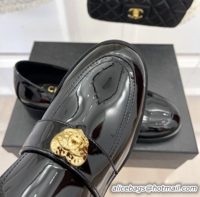 Popular Style Chanel Patent Leather Loafers with Love Charm G39697 Black