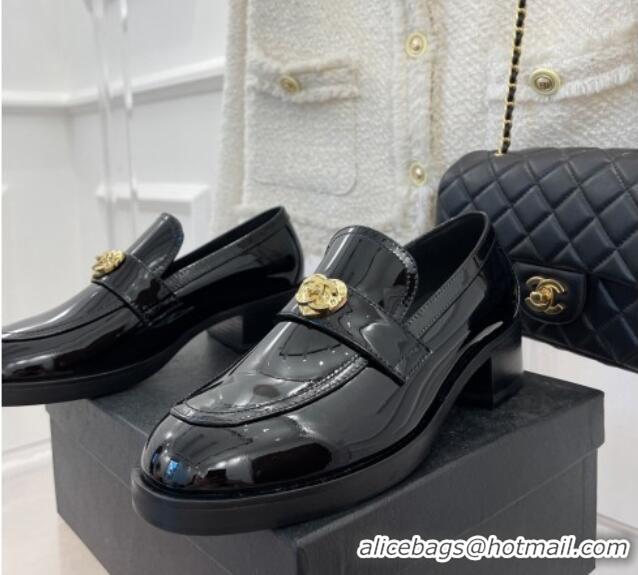 Popular Style Chanel Patent Leather Loafers with Love Charm G39697 Black