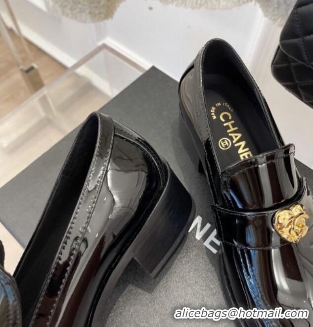 Popular Style Chanel Patent Leather Loafers with Love Charm G39697 Black