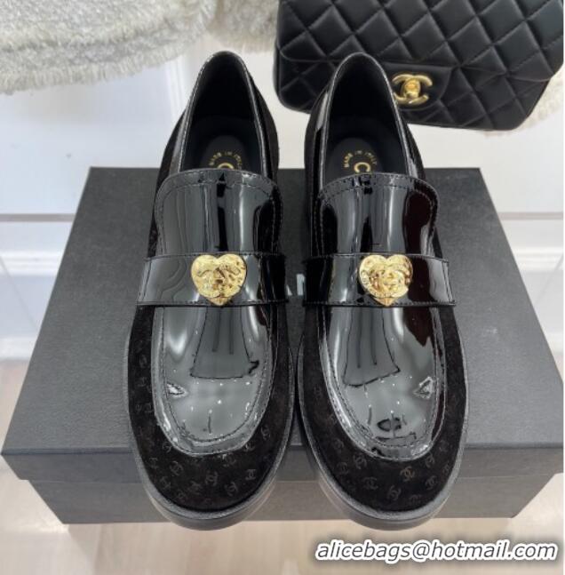 Luxurious Chanel Patent Leather and CC Suede Loafers with Love Charm G39697 Black