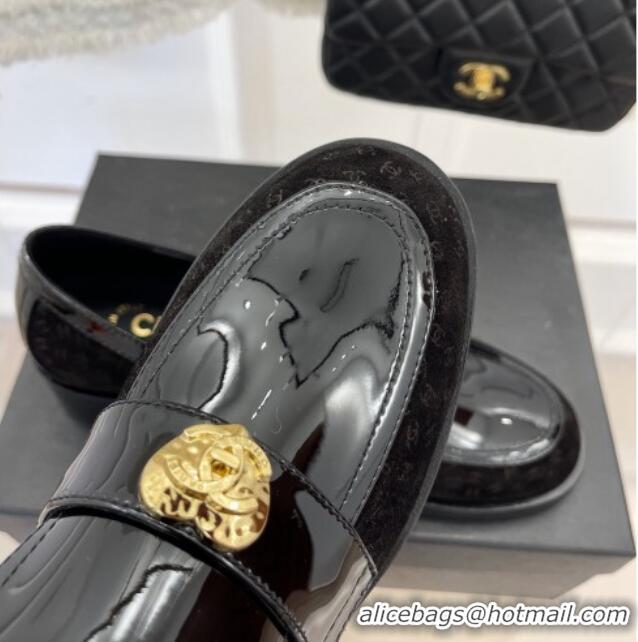 Luxurious Chanel Patent Leather and CC Suede Loafers with Love Charm G39697 Black