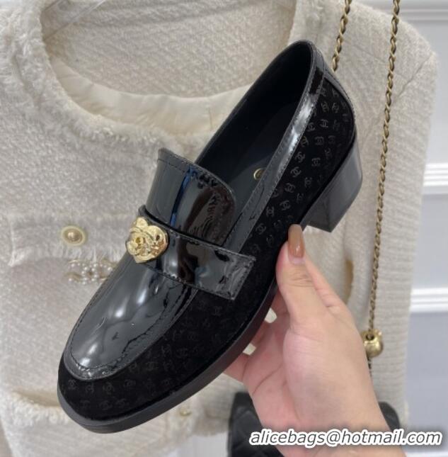 Luxurious Chanel Patent Leather and CC Suede Loafers with Love Charm G39697 Black