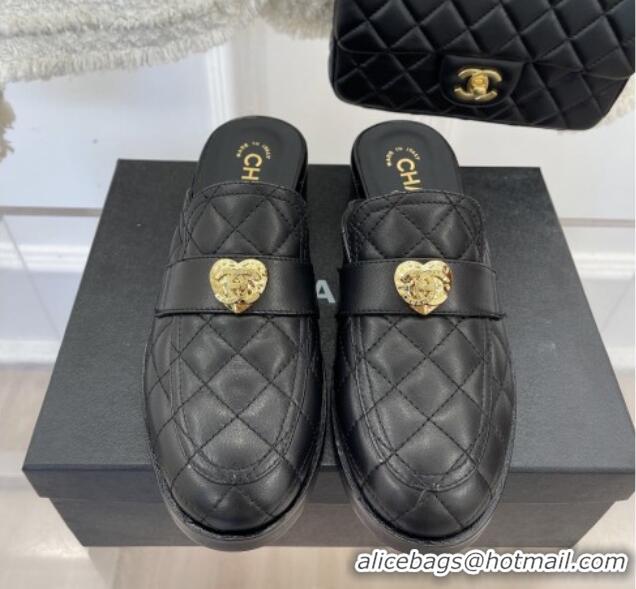 Sumptuous Chanel Quilted Lambskin Mules with Love Charm Black 220170