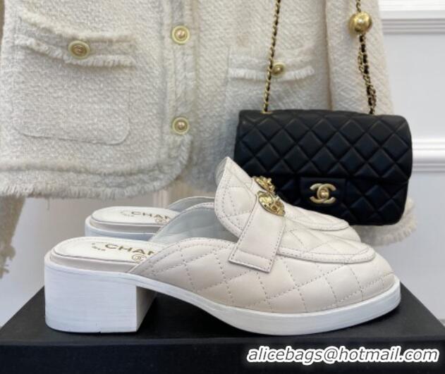 Popular Style Chanel Quilted Lambskin Mules with Love Charm White 220174